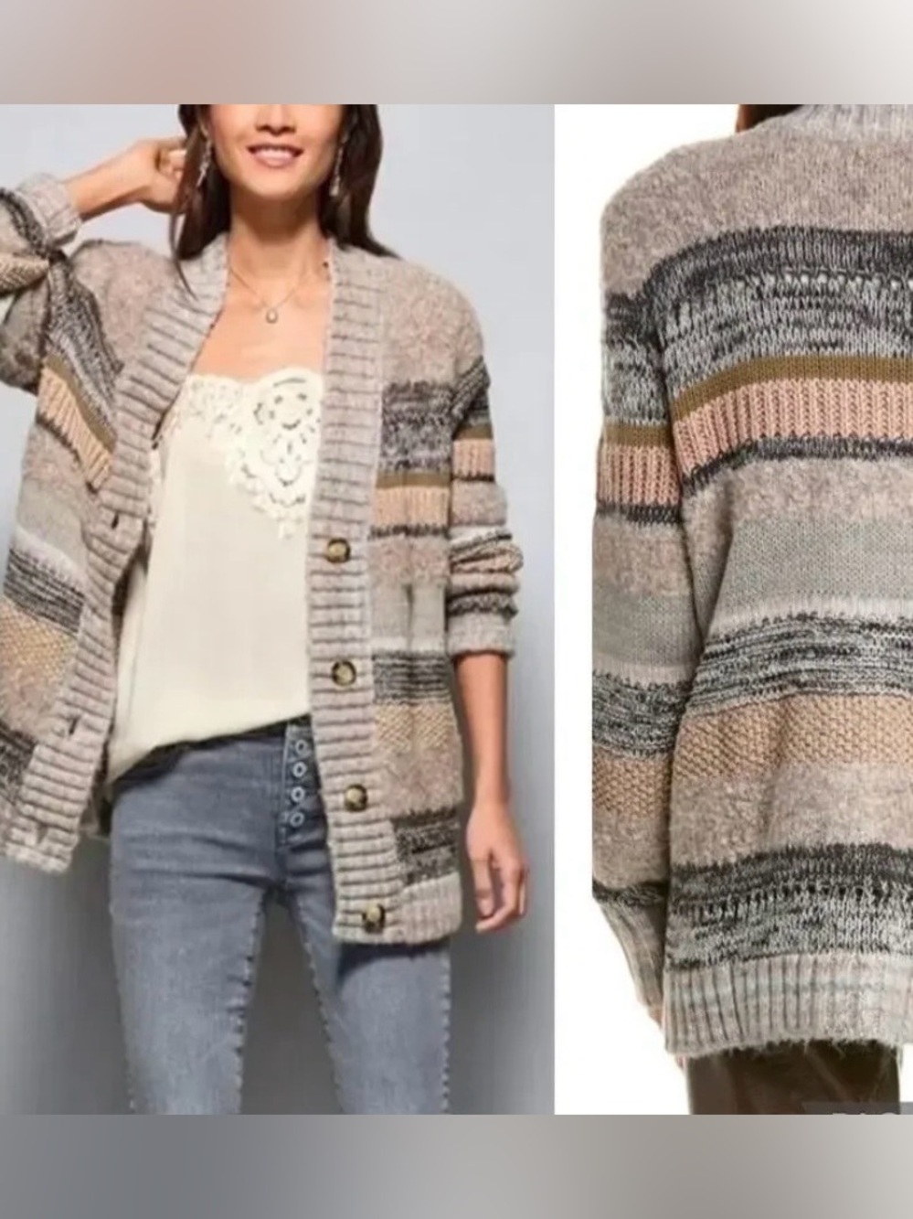 Cabi Boyfriend Cardigan Style #4471 multicolor striped nubby knit sweater M